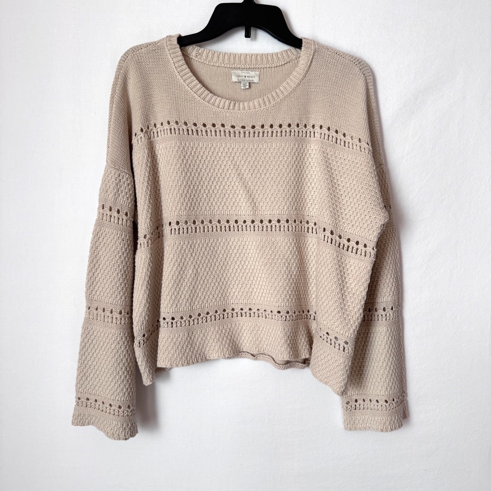 Lucky Brand Sweater Pointelle Knit Pullover Womens L Beige Boho Cotton Blend